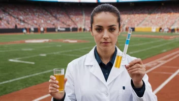 En lab-tekniker som holder en urinprøve for dopingtesting, med sportsutstyr og et stadion i bakgrunnen.