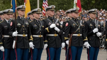 Et militært honnørkorps i formelle uniformer, stående i gjøre med rifler og flagg.