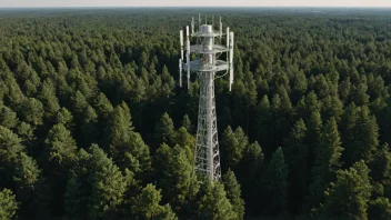 En mobilantenne med flere antenner, omgitt av et skoglandskap.