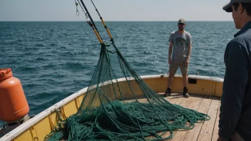 En person som står på dekket av en fiskebåt, med et fiskegarn i bakgrunnen.