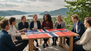 En gruppe mennesker fra ulike kulturer og bakgrunner samlet rundt et bord, med en norsk flagg i bakgrunnen.