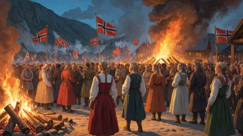 En fargerik illustrasjon av en tradisjonell norsk olsokfeiring, som viser landets rike kulturarv.