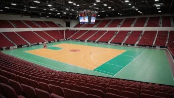 En stor innendørs idrettshall eller arena med en basketballbane og sitteplasser for tilskuere.