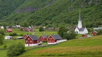 En fredelig landby i Norge med tradisjonelle hus og en kirke