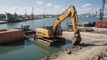 En havnerehabiliteringsprosess med en stor gravemaskin og en restaurert havn.