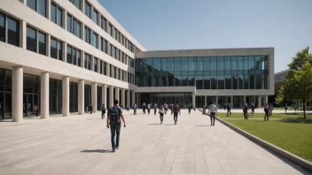 Ein stor, moderne universitetsbygning med studentar som går inn og ut av inngangen.