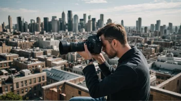 En fotograf tar bilder av bylandskapet, med en notatbok og penn i hånden, omgitt av kameraer og linser.