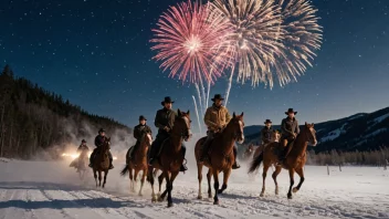 En tradisjonell norsk nyttårsfeiring, hvor mennesker rir hester gjennom det snødekte landskapet, omgitt av fyrverkeri og lys.