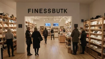 En liten, elegant butikk med en stilfull skilt med teksten 'Finessbutikk' på norsk.