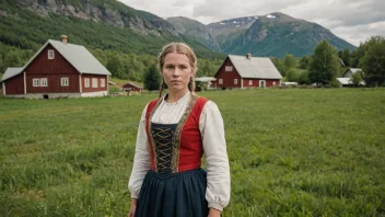 En kvinne i tradisjonell norsk klesdrakt, stående på en åker eller gård, med et gårdshus i bakgrunnen.