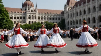 En fargerik folkedansgruppe i tradisjonelle ungarske klær danser foran en stor bygning.