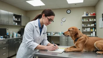 En assistentveterinær og en veterinær som undersøker et dyr sammen på en dyreklinikk.