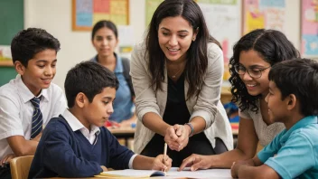 En gruppe elever og lærere fra ulike bakgrunner og kulturer som samhandler og lærer sammen i en positiv og inkluderende skolemiljø.