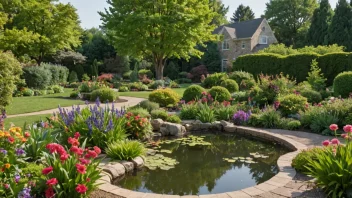 En vakker hage med en variasjon av blomster, trær og en liten dam, med en hagedesigner som arbeider i bakgrunnen.