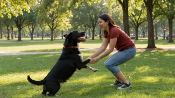 En person som leker med en glad hund i en park, illustrerer følelsen av glede og lykke som beskrives av det norske ordet 'hundeglad'.