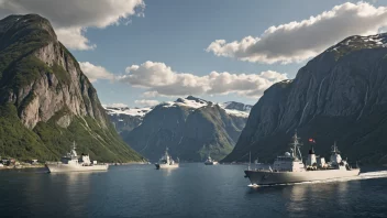 Et marinefartøy og mindre båter som gjennomfører en havnemanøver i en norsk fjord.