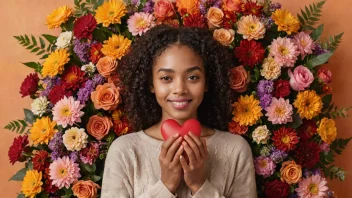 En person som holder et hjerte med en kjærlig uttrykk, omgitt av blomster og varme farger.