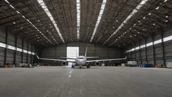 En stor flyhangar med et skrått tak, vanligvis brukt til å lagre og vedlikeholde fly.