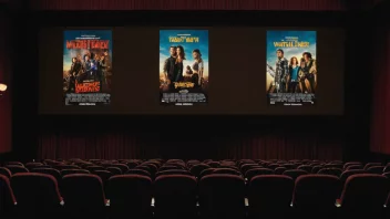 En kino med en skjerm som viser tre sammenhengende filmplakater.