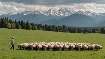 En person i utendørs klær, omgitt av sauer, med et fjellområde i bakgrunnen