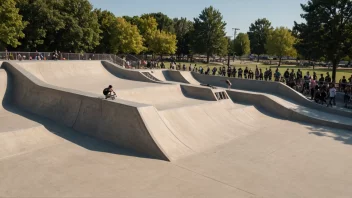 En skatepark med ulike ramper og boller, skatere som utfører triks og stunt.