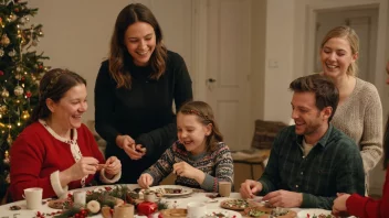 En festlig julescene med mennesker i alle aldre som nyter tradisjonelle norske juleaktiviteter.