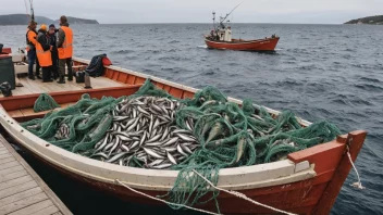 En fiskebåt med et stort fangst av fisk, som illustrerer begrepet fiskerikvote.