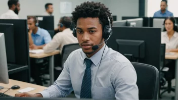 En telefonist som sitter ved et skrivebord med hodetelefon på, svarer på samtaler i et kundesenter.