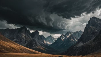 Et dramatisk og hissig landskap med tårnhøye fjell og en stormfull himmel