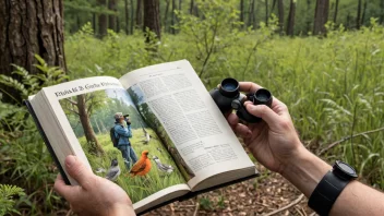 En person holder en fuglehandbok, med kikkert og teleskop i nærheten, i en naturlig setting med trær og fugler.