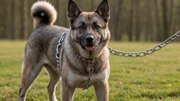 En hundekjede med en norsk elghund i bakgrunnen.