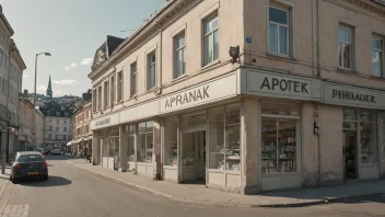 En illustrasjon av et apotek med en skilt som leser 'apotek' på norsk.