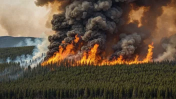 En skogsveldbrann med flammer som omslutter trær og røyk som stiger opp i luften.