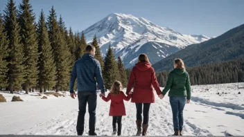 En glad familie på julereise, omgitt av snødekte fjell og trær.