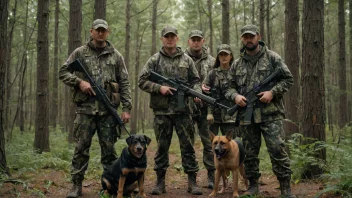 En gruppe jegere samlet i en skog, forbereder seg på en jakt.