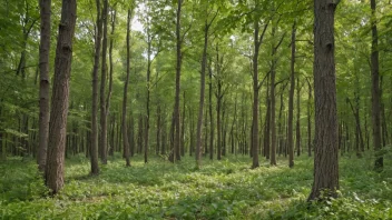 En skog med en blanding av gamle og nye trær, med noen trær i prosessen med å bli rehabilitert.