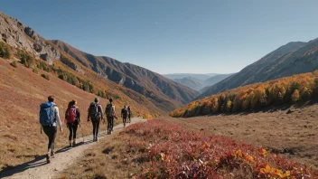 Et vakkert høstlandskap med mennesker som vandrer i fjellet.