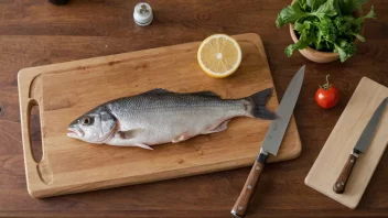 Et trebord med en fisk på, med en kniv og et skjærebræt i nærheten.