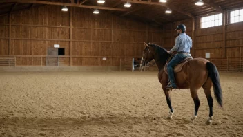 En person som rider en hest i en ridebane, med en instruktør i bakgrunnen.