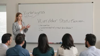 En gruppe mennesker som diskuterer et tema, med en tavle eller presentasjonsskjerm i bakgrunnen som viser ordet 'vurderingstema'.