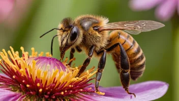 En honningbie som samler nektar fra en blomst.