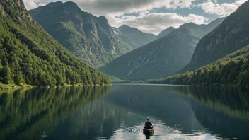 En fredelig scene av en person som fisker i en innsjø i Norge.