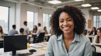 En person på arbeidsplassen med et stort smil, ser engasjert og motivert ut