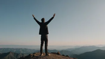 En person som står på toppen av et fjell og roper ut et budskap til verden, med et vakkert landskap i bakgrunnen.