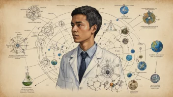 En illustrasjon av en person omgitt av vitenskapelige symboler og diagrammer, som representerer studiet av menneskets liv og utvikling.