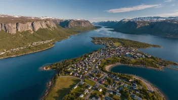 Flyfoto av Finnsnes, en by i Troms og Finnmark fylke.