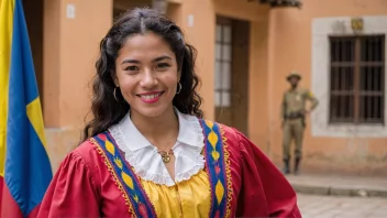 En colombiansk person med et vennlig smil, iført en tradisjonell colombiansk drakt, med et colombiansk flagg i bakgrunnen.