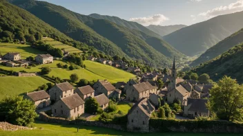 En malerisk landsby omgitt av fjell, med en tydelig grense mellom landsbyen og det omkringliggende landskapet.