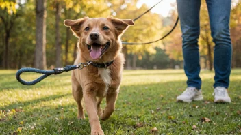 En person som holder en hunds løpe, med en glad hund i bakgrunnen