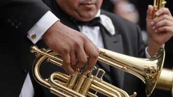 En musiker som spiller på et messingblåseinstrument, hvor man ser de intrikate detaljene på instrumentet.